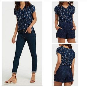 Draper James Navy Blue Floral Popover Blouse sz 0